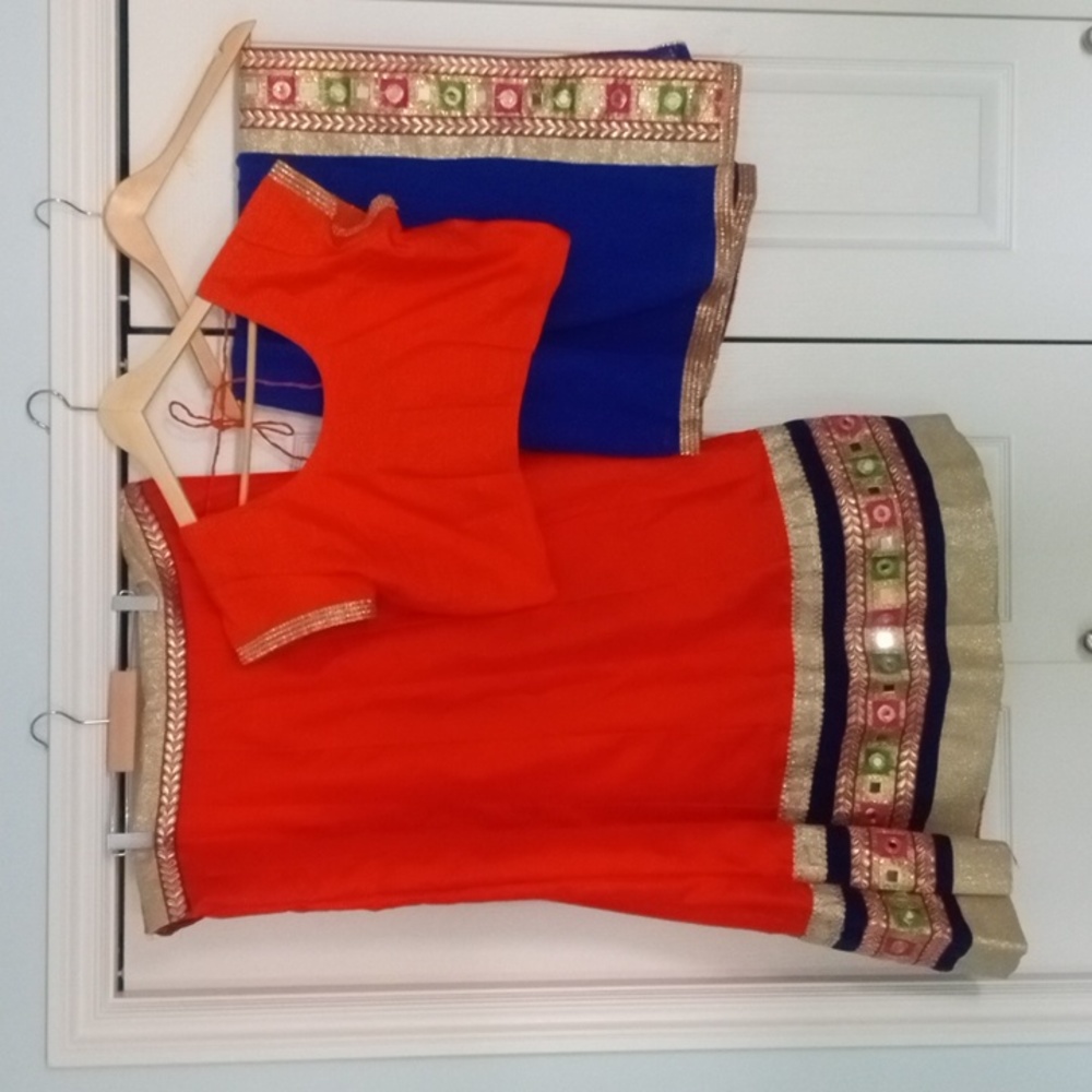 Orange and Blue Mirror work Lehenga Choli Size 42